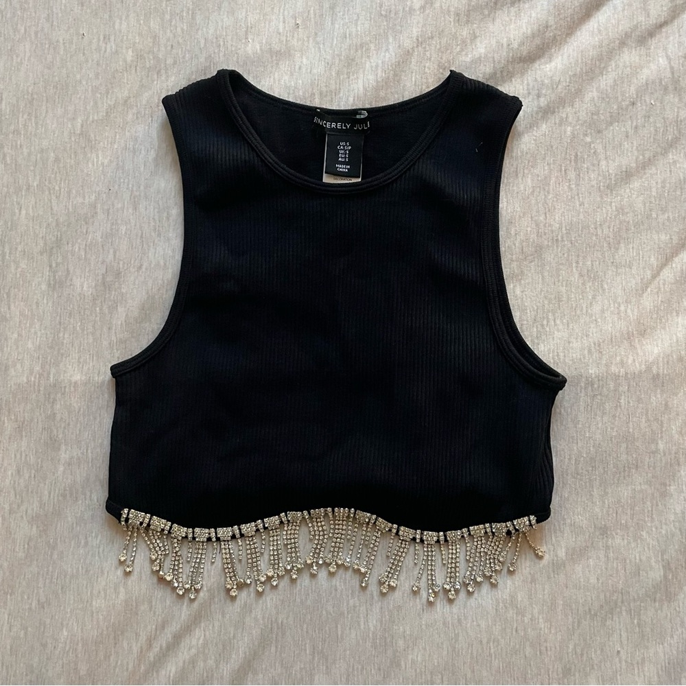 Sincerly Jules Black Beaded Hem Crop Top